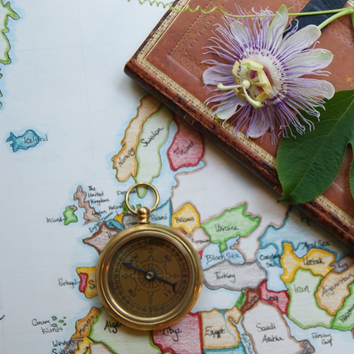 An antique brass compass, passion flower, and journal sitting atop the world map I drew in high school. 